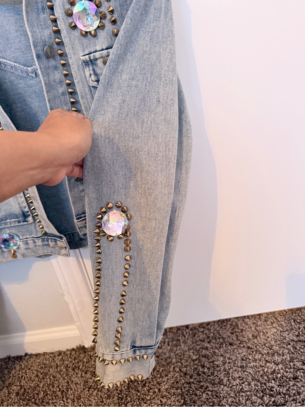 Embellished Light Wash Denim Jacket with Iridescent Gems - Picture 4 of 4